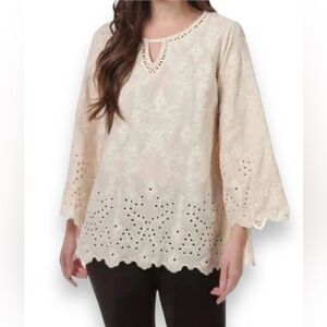 John Mark Cream Embroidered Eyelet Blouse velour soft crop sleeves
